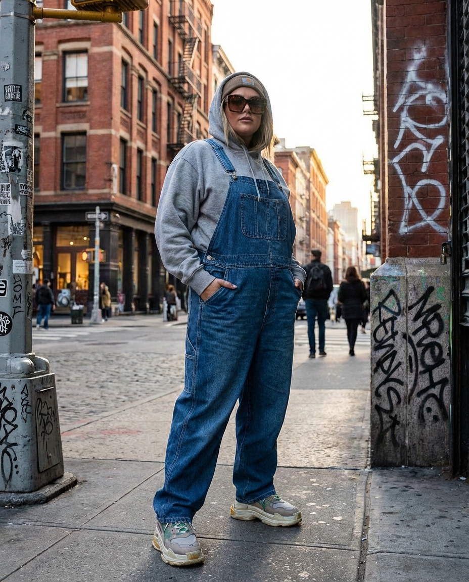 18. Street Style Baggy Overalls with a Hoodie