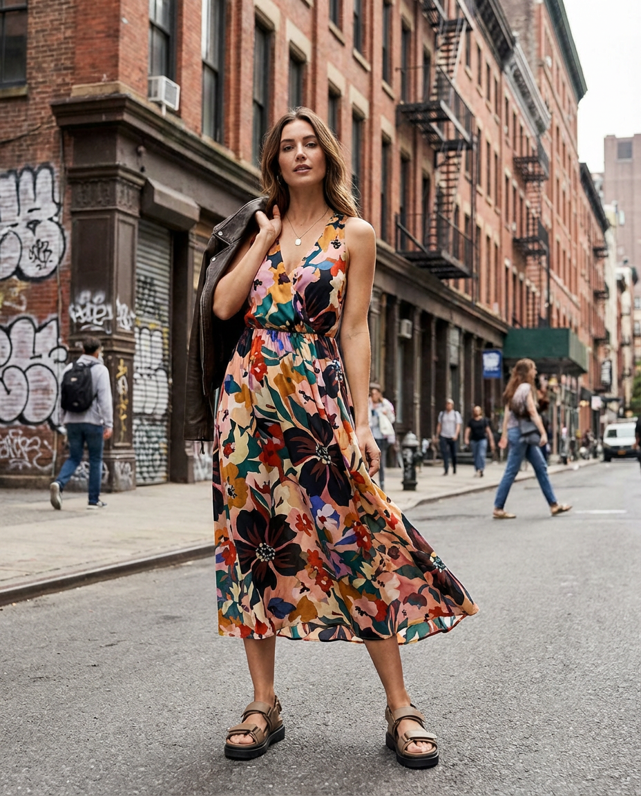 5. Bold Floral Print Midi