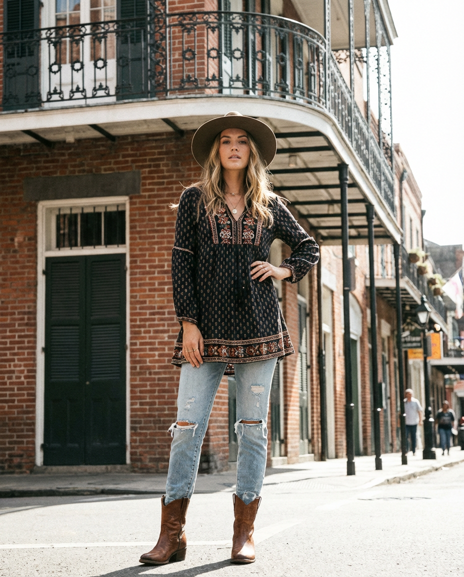8. Boho-Chic Embroidered Tunic & Jeans