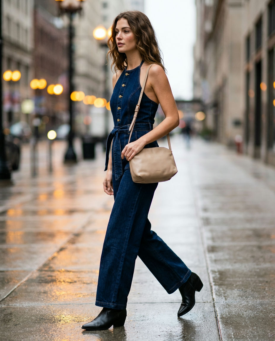 Classic Denim Baggy Overalls with a Striped Tee