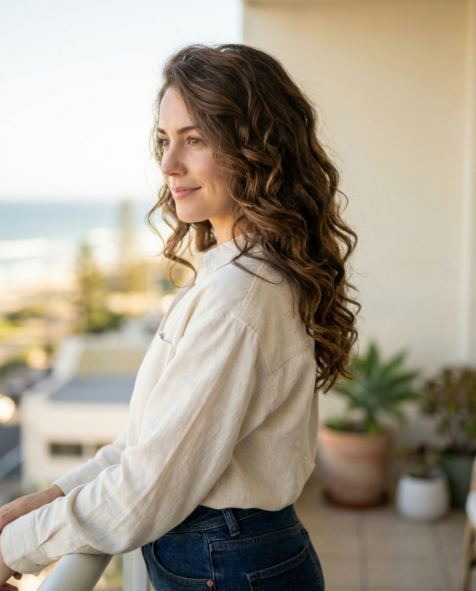 Sophisticated Loose Curls with a Midi Skirt