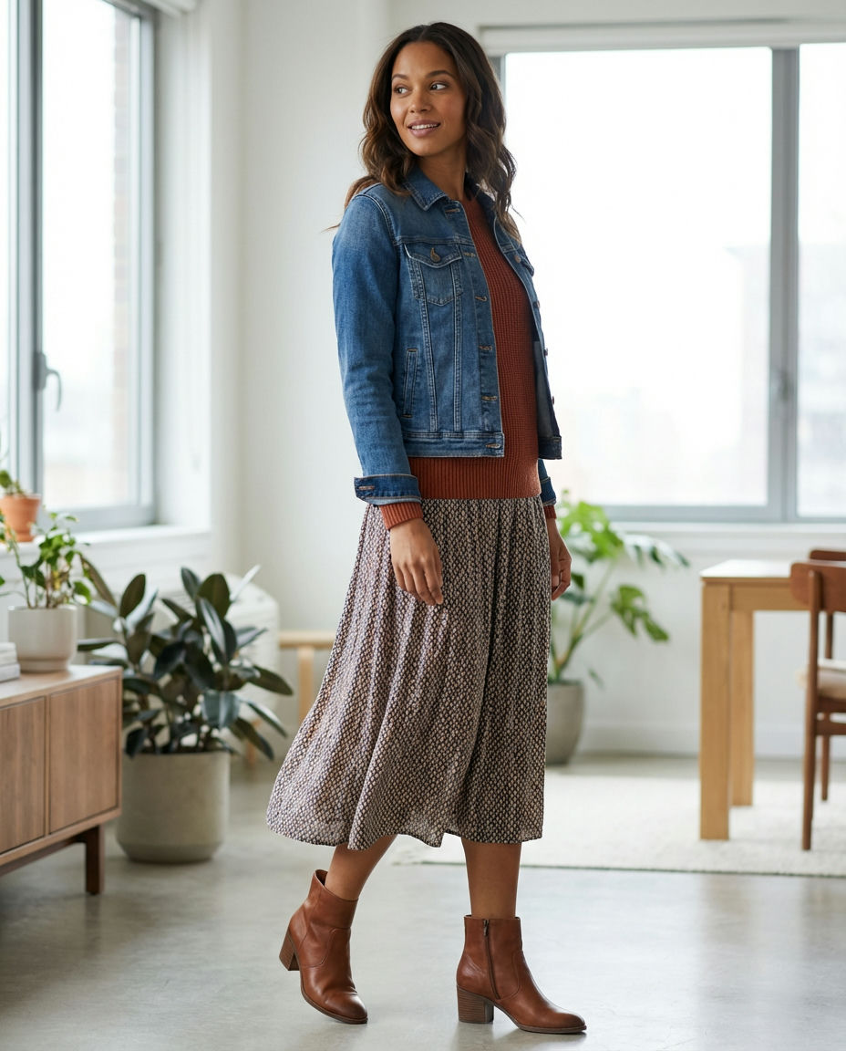 Embroidered Skirt with Denim Top