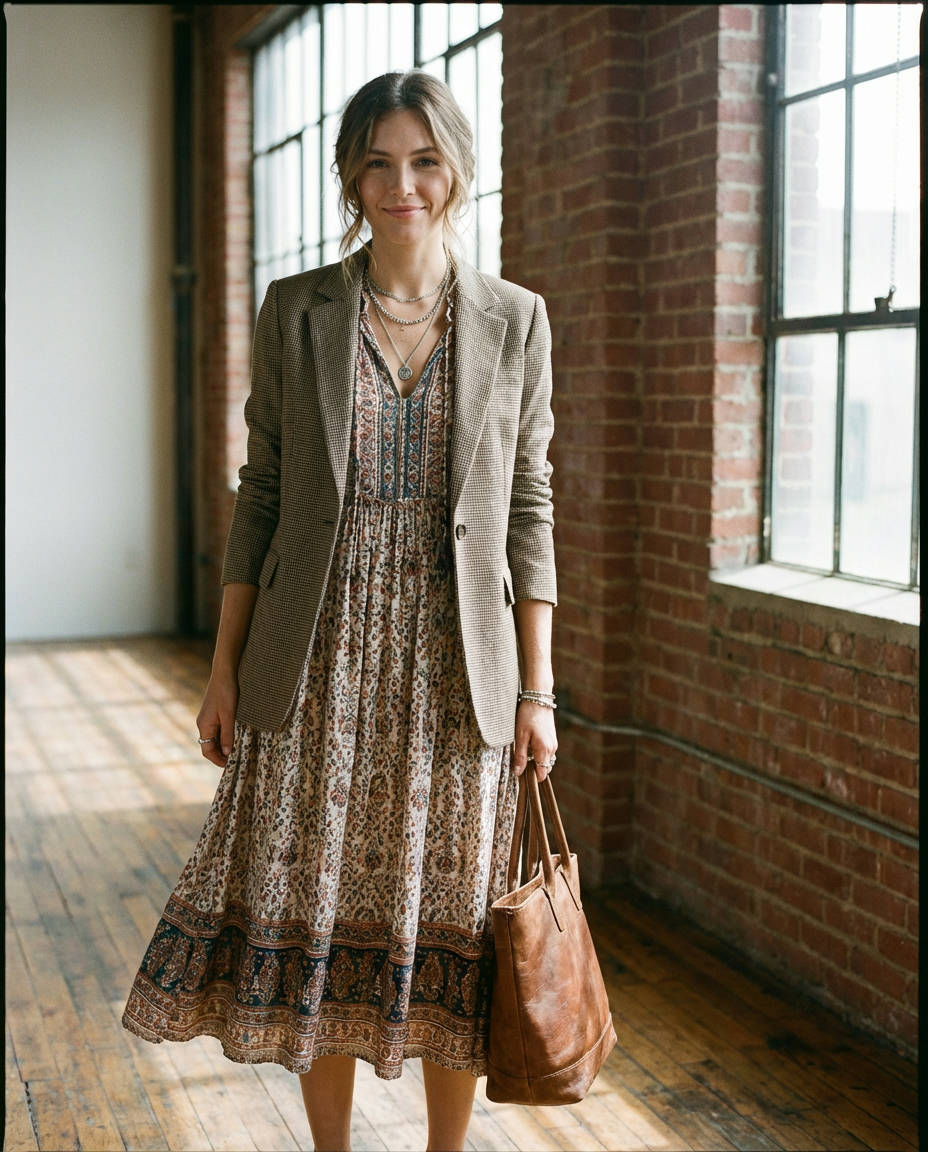 Patterned Maxi Dress & Cropped Blazer