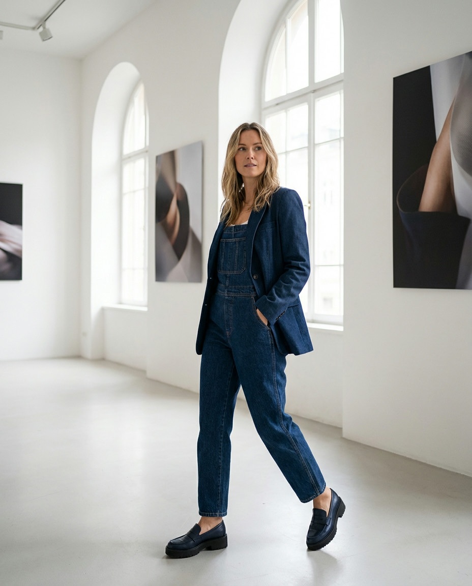 Denim Shortalls with a Flannel Shirt for Fall