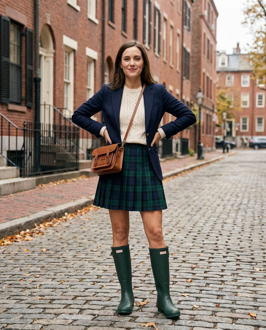11. Preppy Plaid Skirt & Wellies