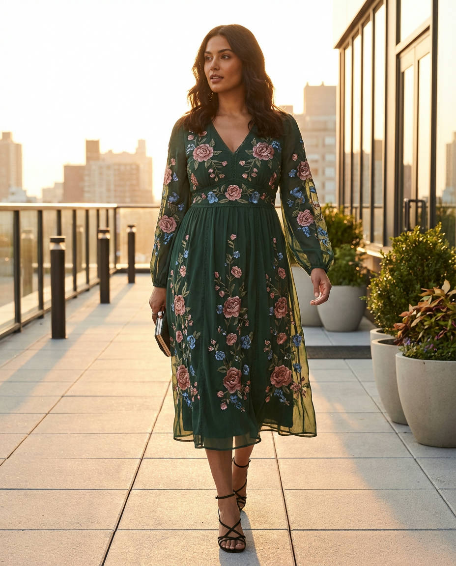 Romantic Floral Embroidered Formal Midi Dresses