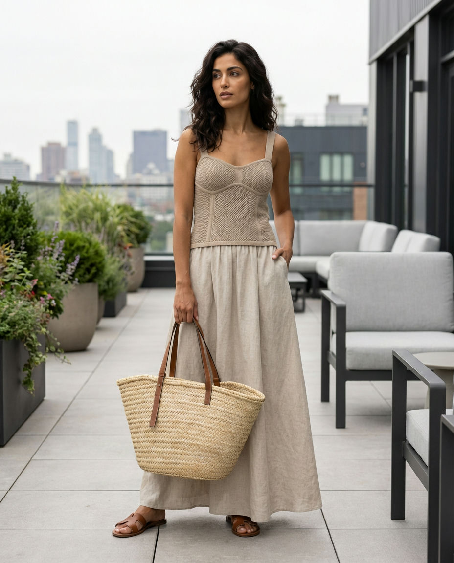 Knit Ribbed Maxi Skirt in Beige