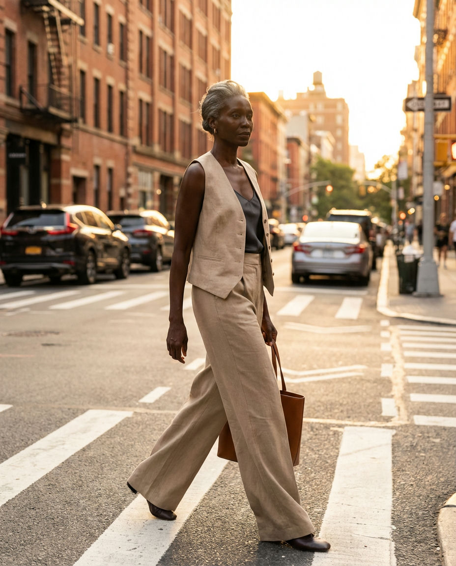 Neutral-Toned Palazzo Pants & Blouse